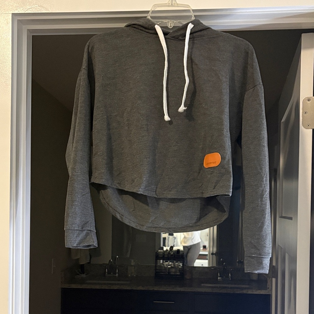 Gray Cropped Hoodie with Orange Patch